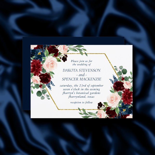 Boho Blooms | Rustische Marine und Burgund Bouquet Einladung (Von Creator hochgeladen)