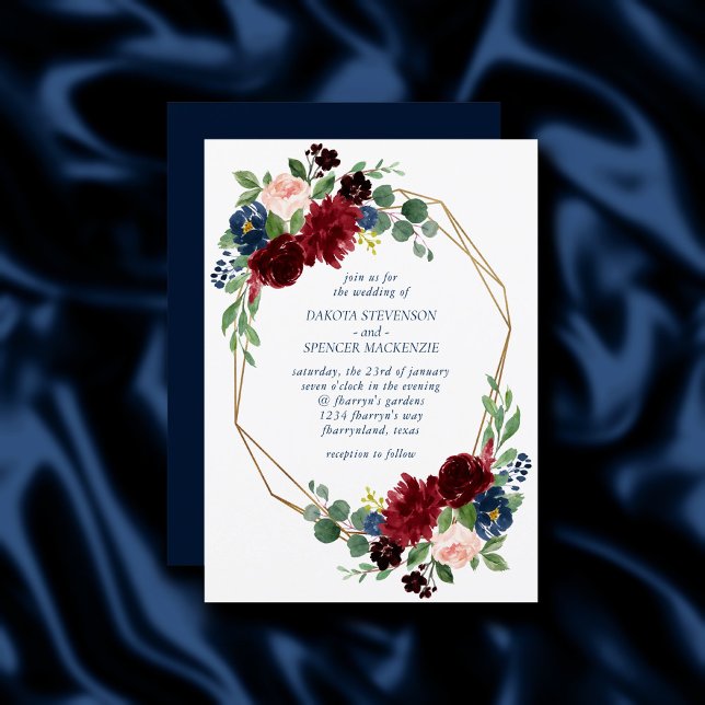 Boho Blooms | Rustische Marine und Burgund Bouquet Einladung (Von Creator hochgeladen)