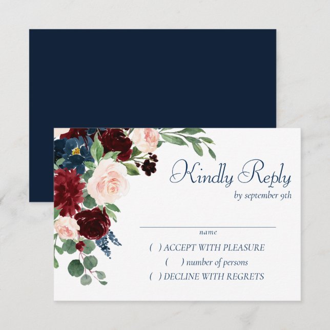 Boho Blooms | Rustische Marine und Burgund Bouquet RSVP Karte (Vorne/Hinten)