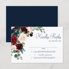 Boho Blooms | Rustische Marine und Burgund Bouquet RSVP Karte