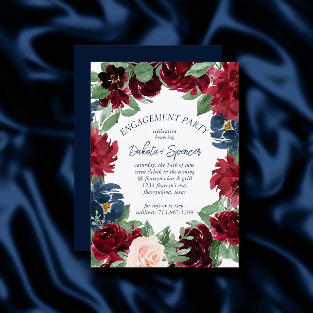 Boho Blooms | Rustische Marine und Burgund Verlobu Einladung (Von Creator hochgeladen)