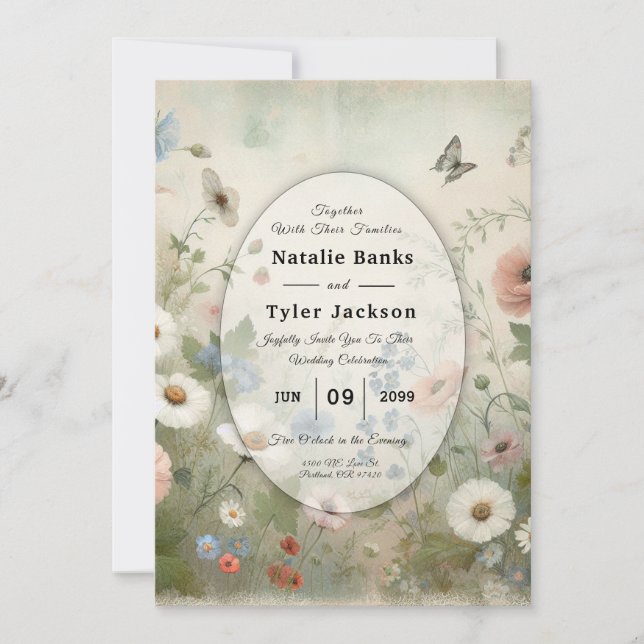 Boho Blooms und Vintage Vows Hochzeit Einladung (Vorderseite)