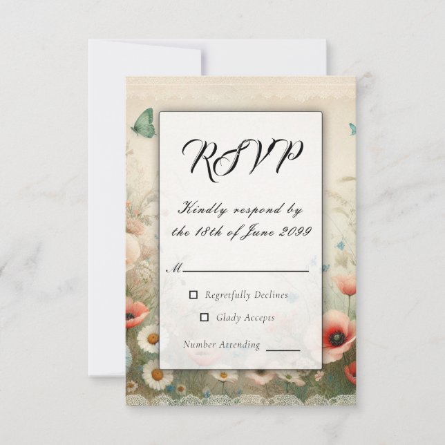 Boho Blooms und Vintage Vows Hochzeit RSVP Karte (Vorderseite)