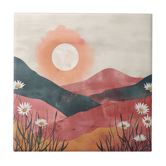 Boho Bloral Mountain Sunset - Rustikale Natur Fliese (Vorderseite)