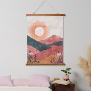 Boho Bloral Mountain Sunset - Rustikale Natur Wandteppich Mit Holzrahmen