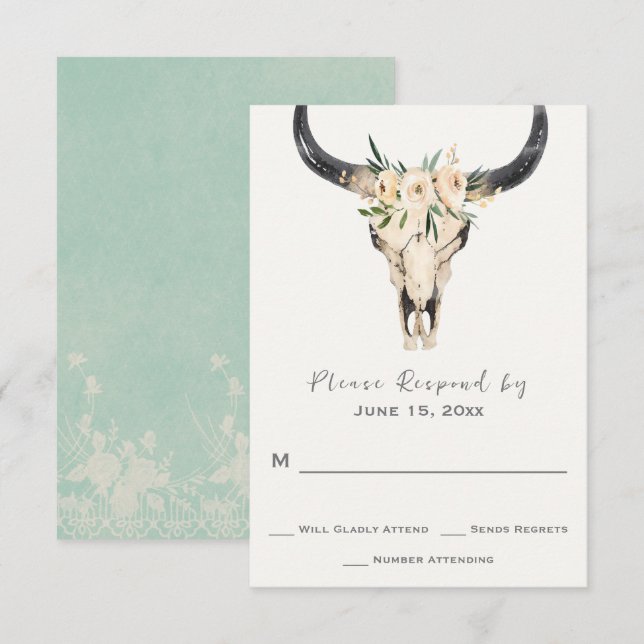 Boho Bloral Skull mit Light Turquoise Wedding RSVP Karte (Vorne/Hinten)