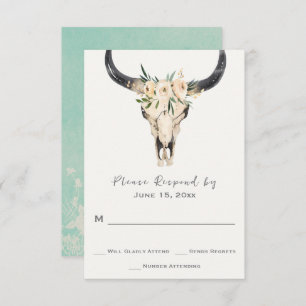 Boho Bloral Skull mit Light Turquoise Wedding RSVP Karte