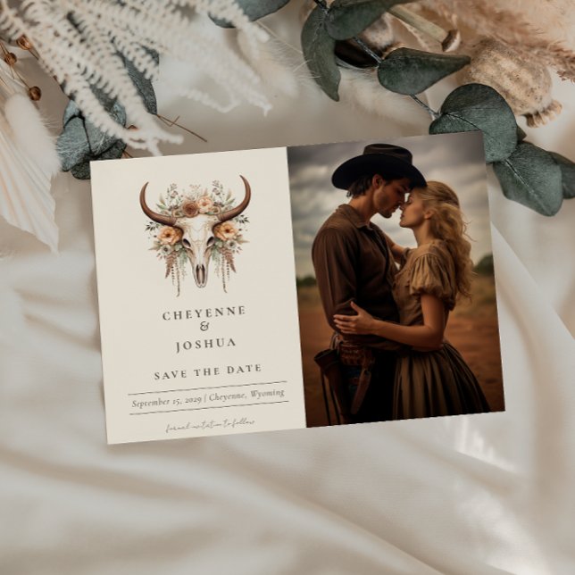 Boho Bloral Skull Western Hochzeit Speichern Sie d Postkarte (Von Creator hochgeladen)