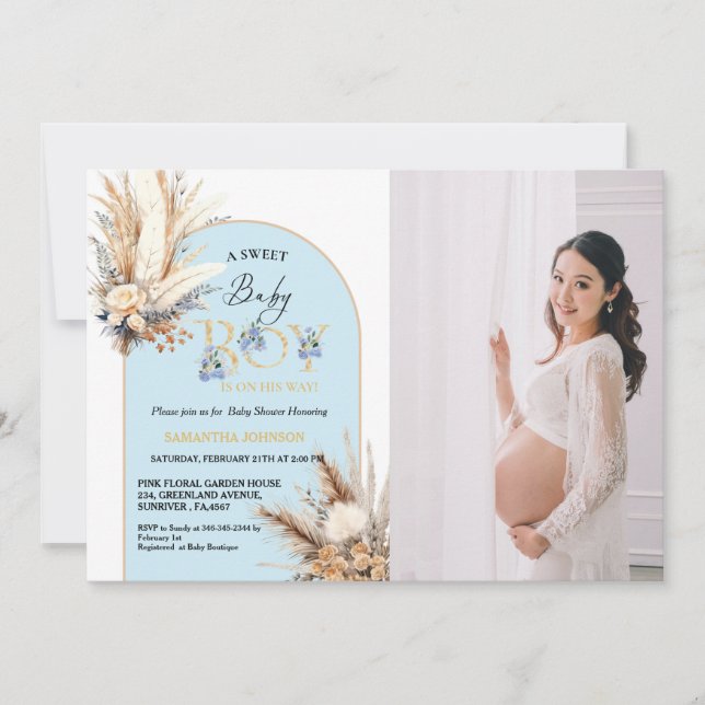 Boho Blue Arch Pampas Grass Baby Boy Baby Dusche Einladung (Vorderseite)