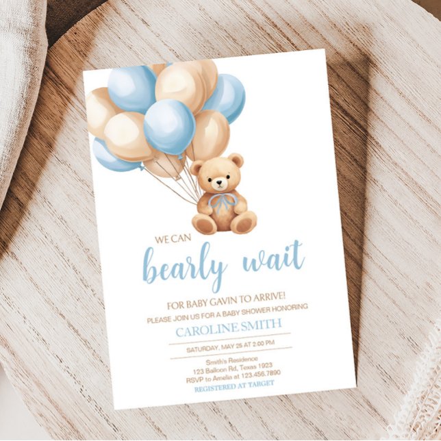 Boho Blue Balloon Bear Baby Dusche Einladung (We Can Bearly Wait Boy Baby Shower Invitation)