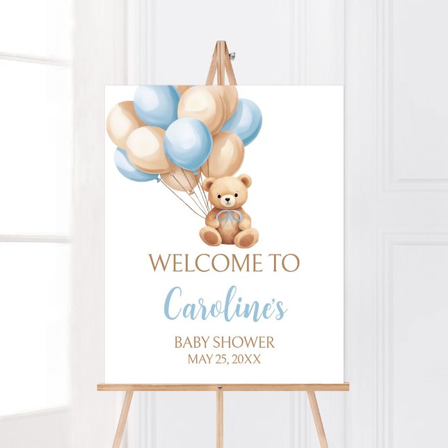 Boho Blue Balloon Bear Baby Dusche Willkommen Poster (We Can Bearly Wait Boy Baby Shower Welcome Sign)