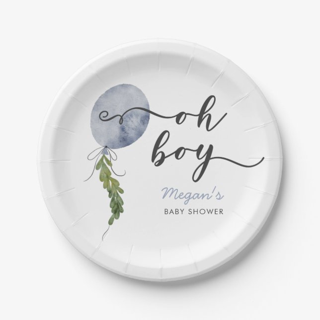 Boho Blue Balloon Oh Boy Baby Shower Pappteller (Vorderseite)