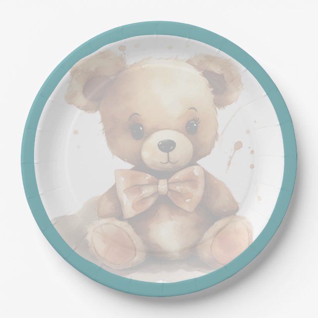 Boho Blue Bear Baby Dusche Pappteller (Vorderseite)