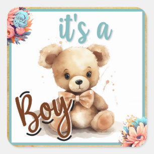 Boho Blue Bear Baby Dusche Quadratischer Aufkleber