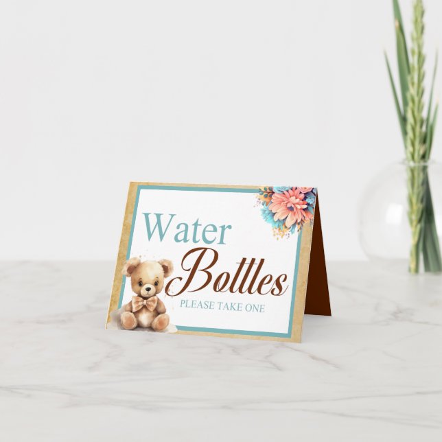 Boho Blue Bear Baby Dusche Wasser Flasche Tisch Karte (Vorderseite)
