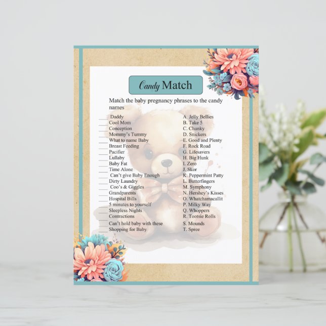 Boho Blue Bear Baby Shower Candy Match Game (Stehend Vorderseite)