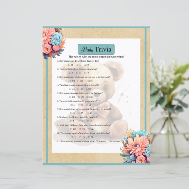 Boho Blue Bear Baby Trivia Game (Stehend Vorderseite)