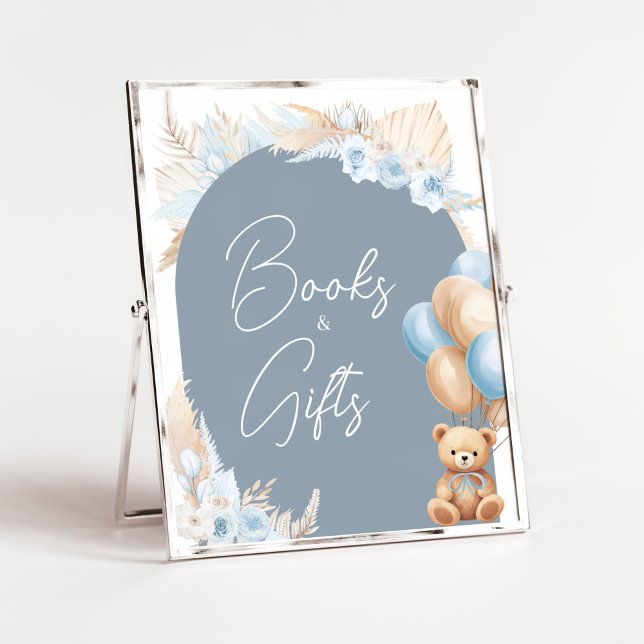 Boho Blue Bear Balloon Baby Dusche Bücher und Gesc Poster (Sage Blue Balloons Baby Shower Books and Gifts Sign)