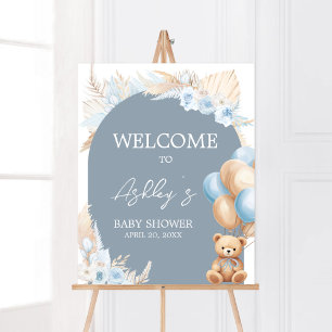 Boho Blue Bear Balloon Baby Dusche Willkommen Poster
