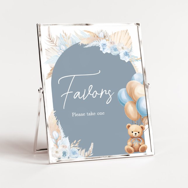 Boho Blue Bear Balloon Baby Duschfavoriten Poster (Sage Blue Balloons Baby Shower Favors Sign)