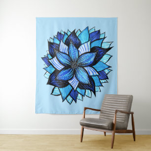 Boho Blue Blume Mandala Künstlerisch Wandteppich