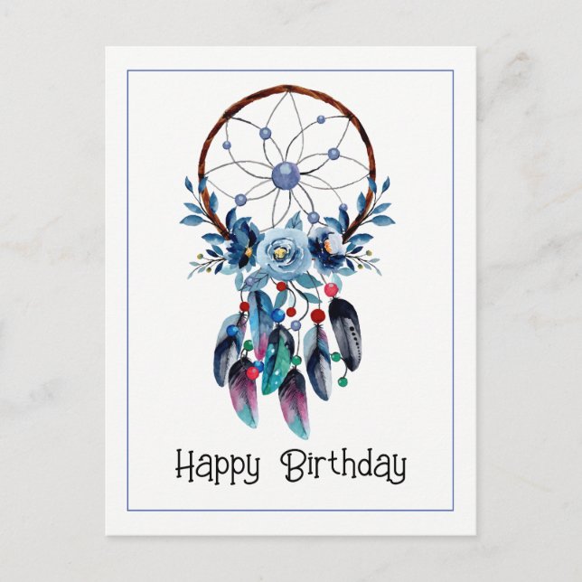 Boho Blue Dreamcatcher Feather Floral Happy Bday Postkarte (Vorderseite)