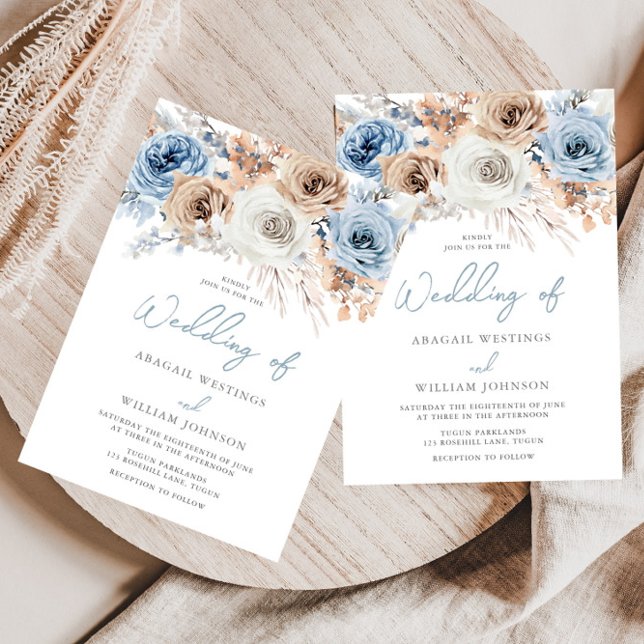 Boho Blue: Dusty Blue Bohemisch Floral Wedding Einladung (Von Creator hochgeladen)