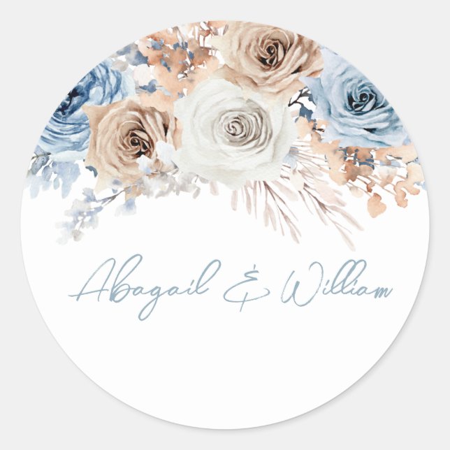 Boho Blue: Dusty Blue Bohemisch Floral Wedding Runder Aufkleber (Vorderseite)
