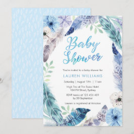 Boho blue feather Baby Dusche Einladung