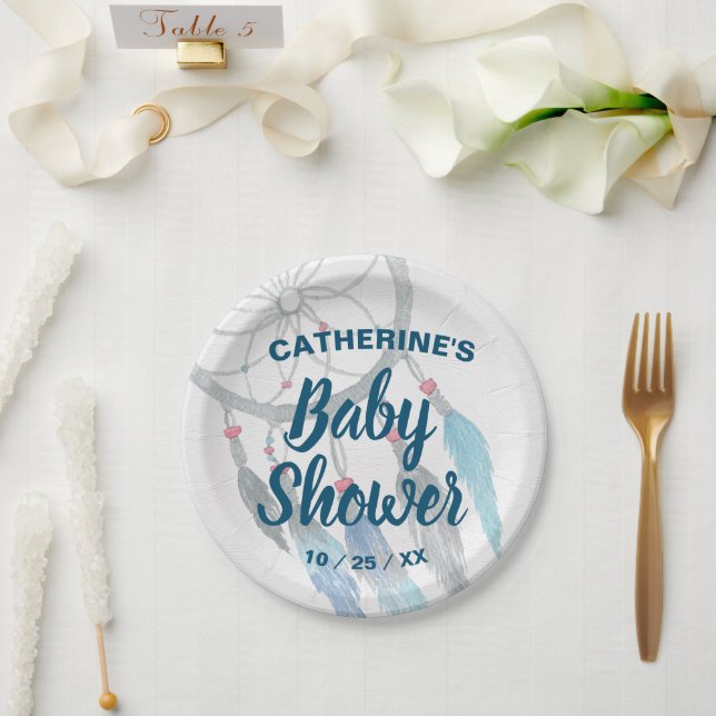 Boho Blue Feather Dreamcatcher Baby Shower Pappteller (Hochzeit)