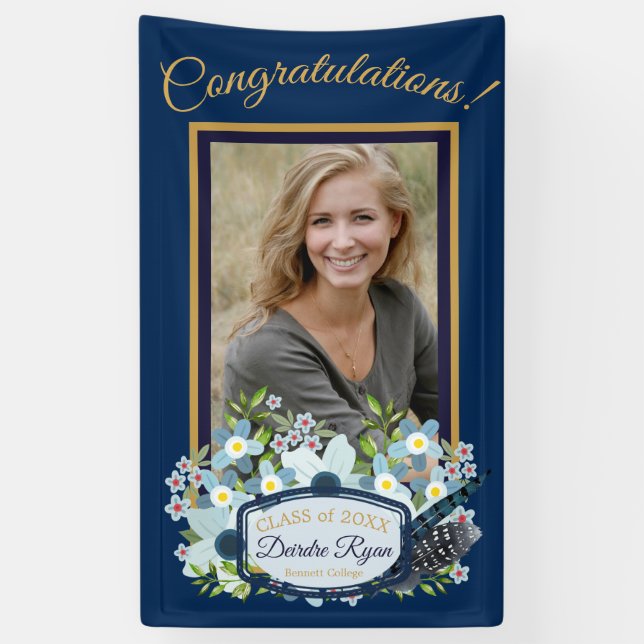 Boho Blue Floral Abschluss Herzlichen Glückwunsch Banner (Vertikal)
