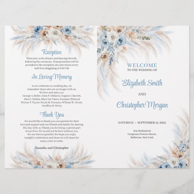 Boho Blue Floral and Ivory Rose Pampas (Vorderseite)