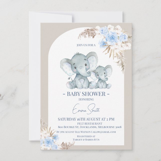 Boho Blue Floral Arch Elephant Baby Dusche Einladung (Vorderseite)