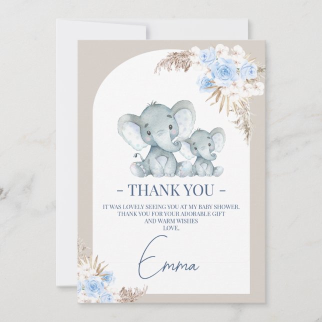 Boho Blue Floral Arch Elephant Danke Karte (Vorderseite)