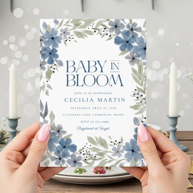 Boho Blue Floral Baby in Bloom Boy Baby Dusche Einladung (Von Creator hochgeladen)