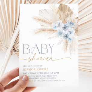 Boho Blue Floral Baby shower Invitation Floral Boy