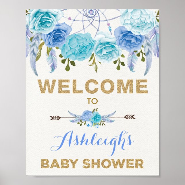 Boho Blue Floral Dreamcatcher Baby Dusche Willkomm Poster (Vorne)