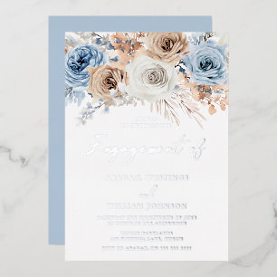 Boho Blue Floral Engagement Party Silver Folieneinladung