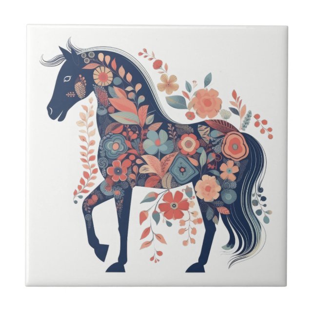 Boho Blue Floral Horse Skandinavien Folklore Kunst Fliese (Vorderseite)