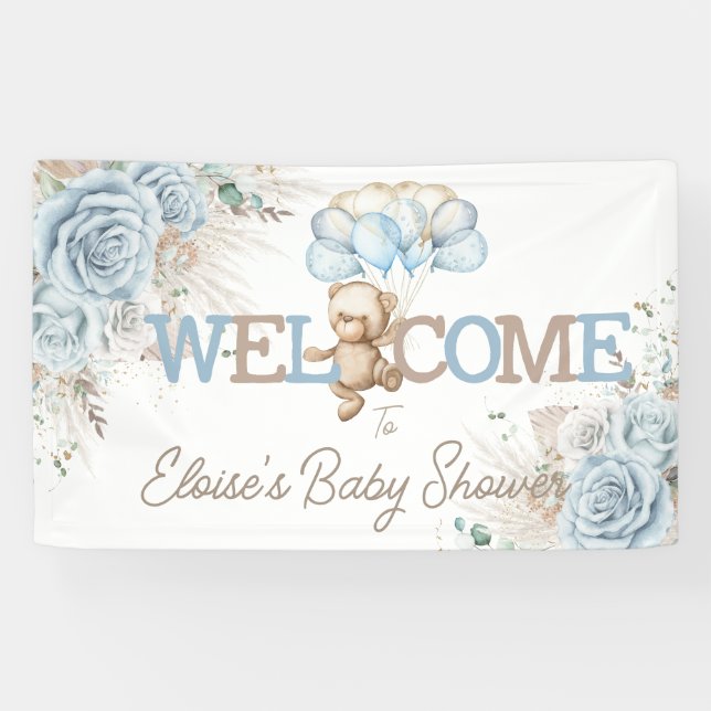 Boho Blue Floral Pampas Bear Baby Dusche Willkomme Banner (Horizontal)