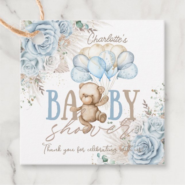 Boho Blue Floral Pampas Teddy Bear Boy Baby Dusche Geschenkanhänger (Vorderseite)
