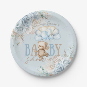 Boho Blue Floral Pampas Teddy Bear Boy Baby Dusche Pappteller