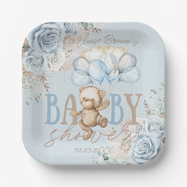 Boho Blue Floral Pampas Teddy Bear Boy Baby Dusche Pappteller (Vorderseite)