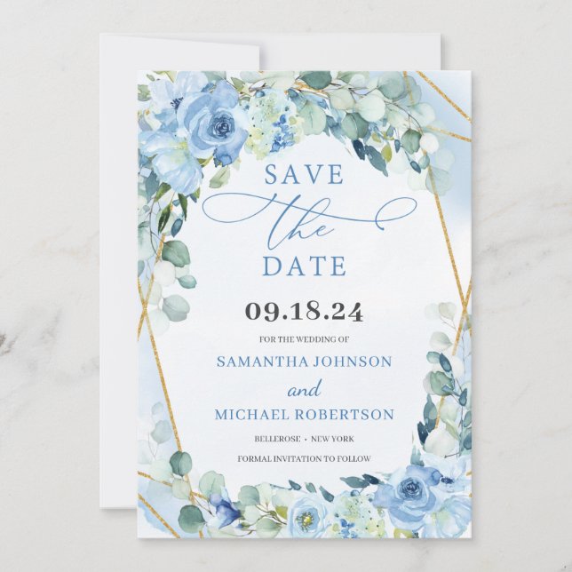 Boho Blue Floral Rose und Gold Geometric Save The Date (Vorderseite)