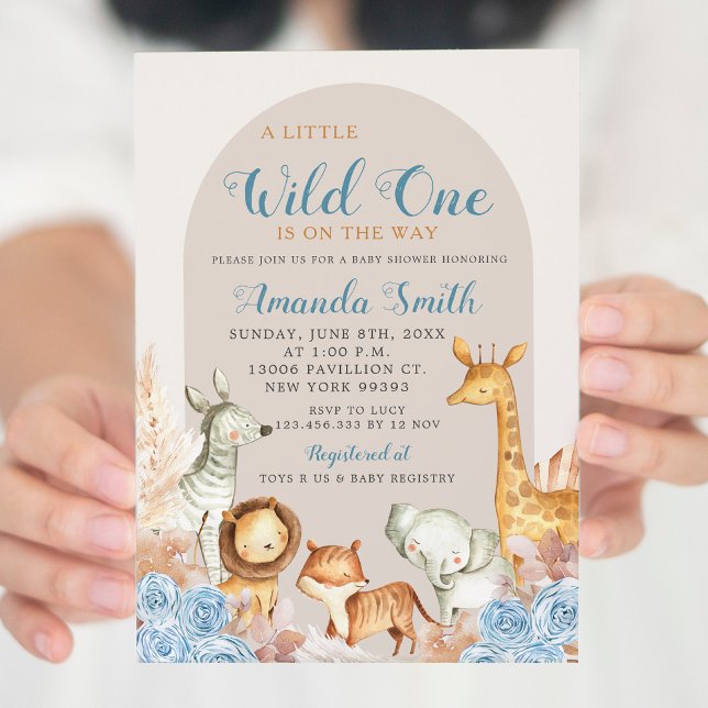 Boho Blue Floral Safari Baby shower Invitation (Créateur téléchargé)