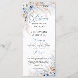Boho Blue Floral und Ivory Rose Pampas Hochzeit Programm