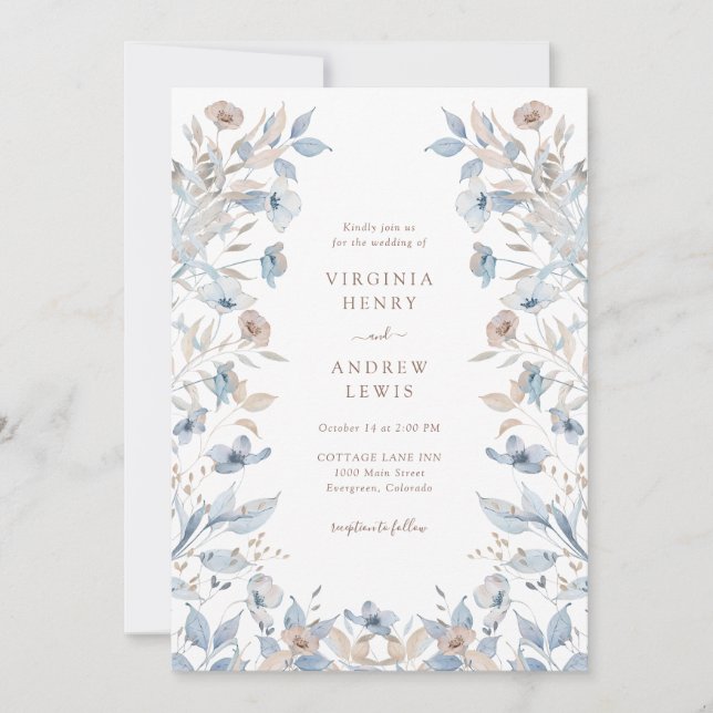 Boho Blue Floral Wedding Einladung (Vorderseite)