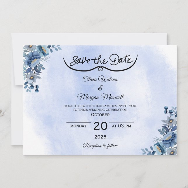 Boho Blue Floral Wedding Save the Date Einladung (Vorderseite)