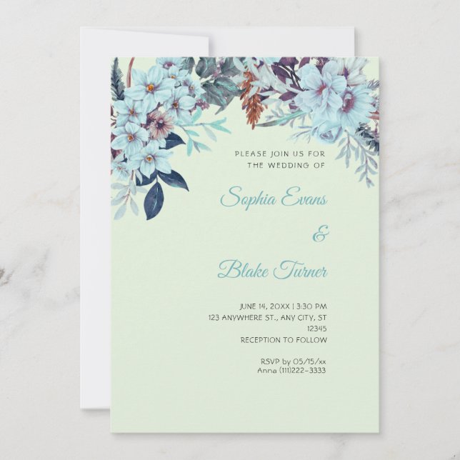 Boho Blue Floral Winter Light Green Wedding Einladung (Vorderseite)
