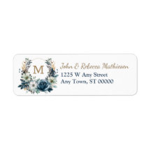 Boho Blue Floral Wreath Monogram Rücksendeadresse